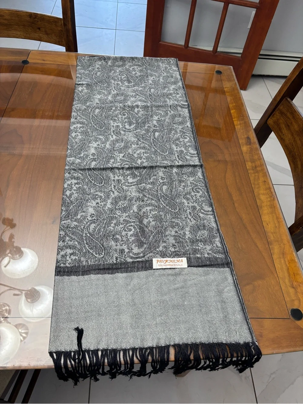 Pashmina/silk wrap/Scarf in Silver and Black with paisley design